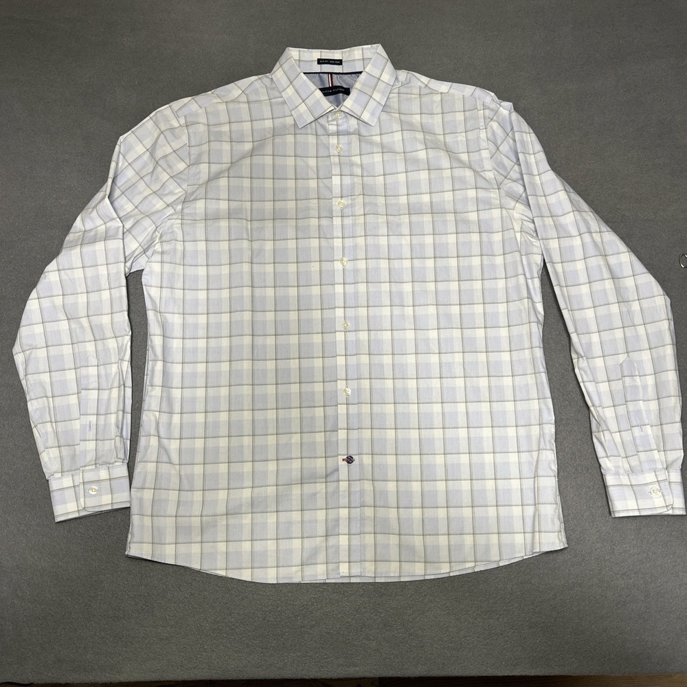 Tommy Hilfiger Men's Dress Shirt 17x35 Blue Stripe Button Down Classic Fit
